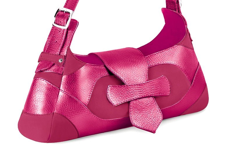 Fuschia pink women's dress handbag, matching pumps and belts. Front view - Florence KOOIJMAN